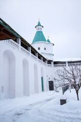 Wall Mural - ISTRA, RUSSIA - January 16, 2022, The Resurrection Cathedral of New Jerusalem Monastery was built according to the prototype - the Church of the Holy Sepulcher in Jerusalem. Snowfall