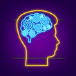 Abstract icon with silhouette man head gears on light background. Neon. Mental health concept. Business concept. Isolated vector.