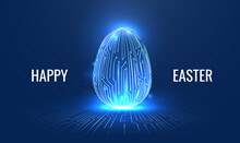 Easter Egg In Tech Futuristic Style. Greeting Card With Abstract 3d Egg With Circuit Board Texture. Glowing Digital Vector Illustration