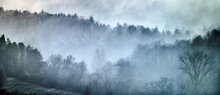 Landscape Of Frosty Layers Of Hills Covered In Fog.