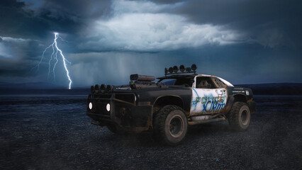 Poster - Fantasy post apocalyptic concept police car in a barren desert landscape with storm clouds and lightning in the sky. 3D rendering.