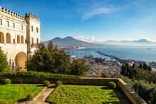Scenic Picture-postcard View Of The City Of Naples (Napoli) With Famous Mount Vesuvius In The Background From Certosa Di San Martino Monastery, Campania, Italy