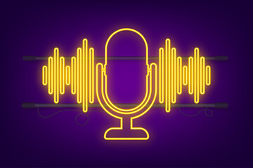 Poster - Podcast neon icon. Badge, icon, stamp, logo. Vector stock illustration.