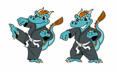 Cute dragon in kimono, vector illustration. Karate or kung fu team mascot.