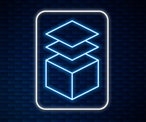 Poster - Glowing neon line Layers icon isolated on brick wall background. Vector
