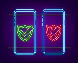 Poster - Smartphones with checkmarks neon set. Tick and cross check marks. Vector stock illustration.