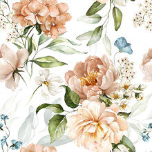 Seamless Watercolor Floral Pattern - Pink Blush Flowers Elements, Green Leaves Branches On White Background; For Wrappers, Wallpapers, Postcards, Greeting Cards, Wedding Invites, Romantic Events.