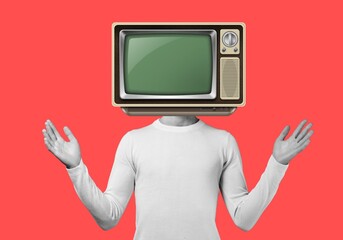 Poster - Contemporary art collage of male with TV instead head on background.