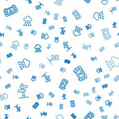 Poster - Set line Road traffic sign, Portable video game console and Cloud with rain on seamless pattern. Vector