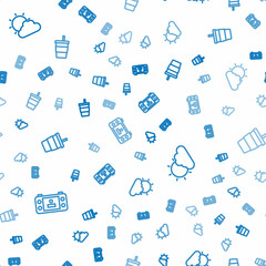 Poster - Set line Portable video game console, Sun and cloud weather and Paper glass with water on seamless pattern. Vector