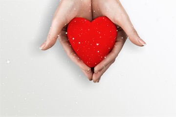 Poster - Person holding white heart in palm. Organ donation and insurance concept.