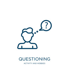 Poster - questioning icon from activity and hobbies collection. Thin linear questioning, question, communication outline icon isolated on white background. Line vector questioning sign, symbol for web and