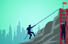 Two Businessmen Are Competing To Climbing Up The Mountain With Ropes And Red Stairs Business Finance Success Overcome Obstacles Leadership Illustration Cartoon Vector