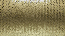 Herringbone Tiles Arranged To Create A 3D Wall. Luxurious, Gold Background Formed From Glossy Blocks. 3D Render