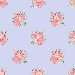 Wall Mural - Spring flowers seamless pattern. Botanical background. Arrangement of pink and white wildflowers.