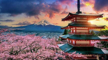 Cherry blossoms in spring, Chureito pagoda and Fuji mountain in Japan.