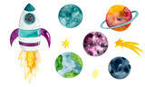 Watercolor collection of illustrations about space . Rocket and planets illustrations. 