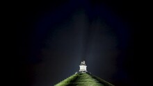 Illuminated Lion's Mound At Night In Waterloo, Belgium - Close Shot