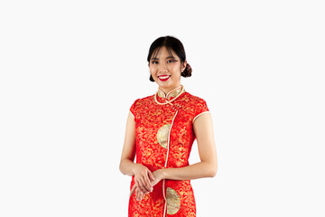 Asian woman in red traditional oriental costume  isolated on white background. Chinese new year concept style.