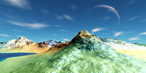 Wall Mural - alien planet. mountain and lake. 3d rendering