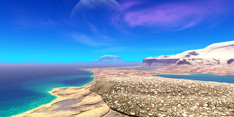 Wall Mural - alien planet. mountain and lake. 3d rendering