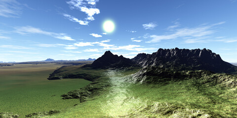 Wall Mural - alien planet. mountain and lake. 3d rendering
