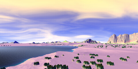 Wall Mural - alien planet. mountain and lake. 3d rendering