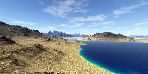 Wall Mural - alien planet. mountain and lake. 3d rendering