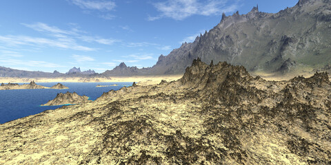 Wall Mural - alien planet. mountain and lake. 3d rendering