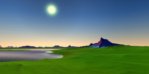 Wall Mural - alien planet. mountain and lake. 3d rendering