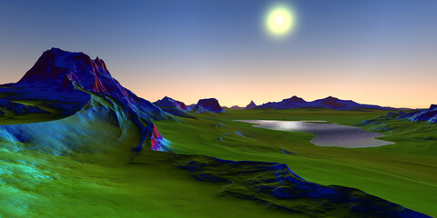 Wall Mural - alien planet. mountain and lake. 3d rendering