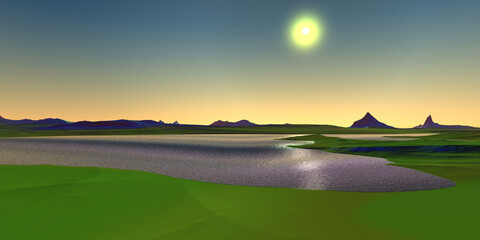 Wall Mural - alien planet. mountain and lake. 3d rendering