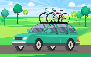 Wall Mural - Offroad car with bicycle on roof vector isolated automobile transport. Car tourism concept. Time to travel illustration. Crossover with two bicycles mounted on roof rack. Modern station wagon car