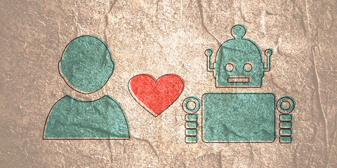 Canvas Print - Heart icon between robot and human silhouettes