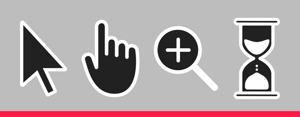 Leinwandbilder - Pointer hand, arrow, hourglass loading clock mouse, magnifier cursors icon sign graphic element flat style design vector illustration set. Simplistic pictogram indicator, endless time process idea.