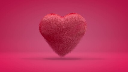 Poster - 3d animation of a furry, hairy heart that pulsates and moves in a pink studio. Animation for Valentine's Day, shaggy beauty. A symbol of loyalty, tenderness and love.