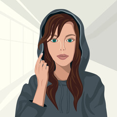 Beautiful woman in hoodie, abstract drawing, fashion style, flat vector art, portrait.