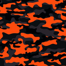 Camouflage On A Black Background With Orange Spots. Army Pattern For Clothes.