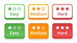 Easy, medium, hard level with stars icons set in color design.