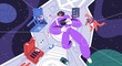 © Good Studio - Astronaut and cats during cosmos flight. Cosmonaut and animals fly inside spaceship cabin. Weightless person and kitty at space travel, tourism. Zero gravity concept. Colorful flat vector illustration