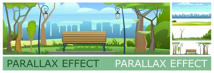 Wall Mural - bench in city park against background of city on horizon. solid layers for parallax folding. vector
