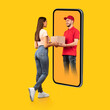 Courier On Cellphone Screen Giving Box To Woman, Yellow Background