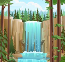 Northern Summer Landscape With Waterfall Among Rocks. Tall Pines In Coniferous Forest. Cascade Shimmers Downward. Water Flowing. Nice Cartoon Style. Flat Design. Vector
