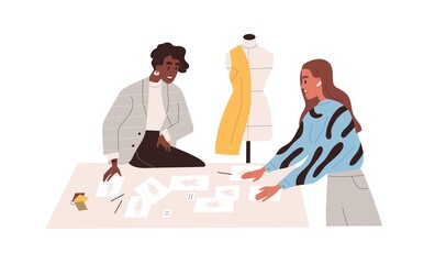Fototapete - Women work at clothes design creation. Fashion designers creating garments, looking apparel drafts in studio. Creators preparing new collection. Flat vector illustration isolated on white background