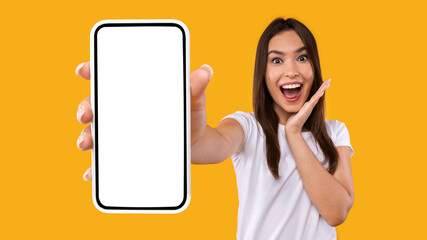 Aufkleber - Excited woman showing white empty smartphone screen