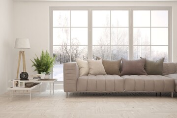 White living room with sofa and winter landscape in window. Scandinavian interior design. 3D illustration