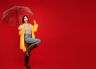 Autumn sales concept. Portrait of surprised lady standing under umbrella and looking at free space, red background