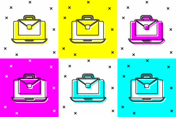 Poster - Set Online working icon isolated on color background. Freelancer man working on laptop at his house. Remote work. Distant job concept. Vector