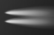 © Kusandra - White transparent car head light top view on dark background. Vector shine beam on night road. Glow effect of LED auto spotlight. Bright vehicle headlight in nighttime template