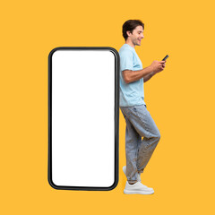 Poster - Man leaning on white empty smartphone screen and using phone